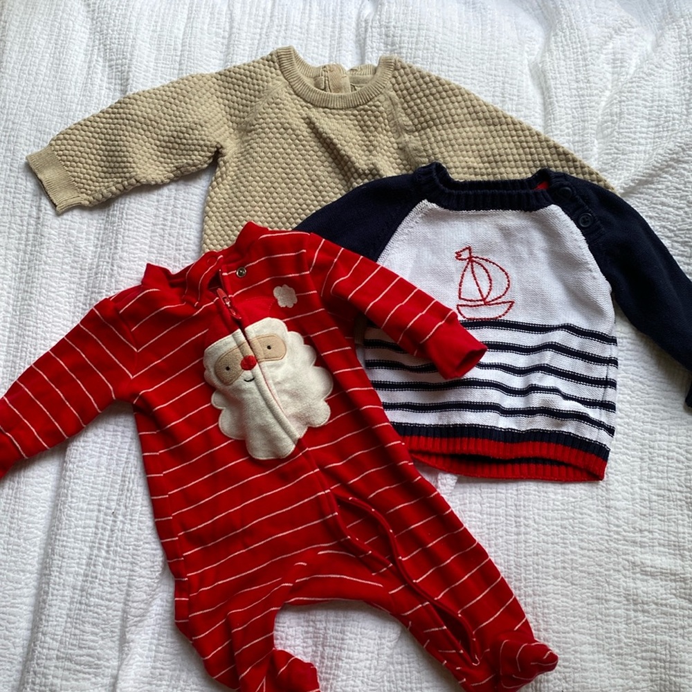 2 sweaters, 1 Christmas pajama